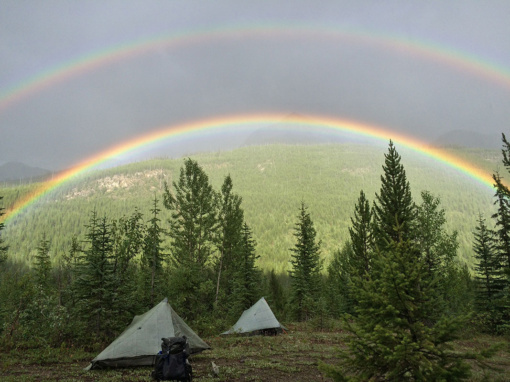 Double Rainbow Camping with evening shower near the Amiskwi River, PC Elizabeth Morton